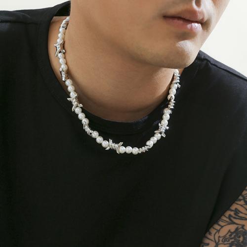 Plastic Pearl Necklace, Zinc Alloy, with Plastic Pearl, with 7CM extender chain, silver color plated, for man, white cm 