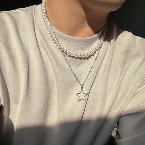 Plastic Pearl Necklace, Zinc Alloy, with Plastic Pearl, Star, silver color plated, Double Layer & for man, white 