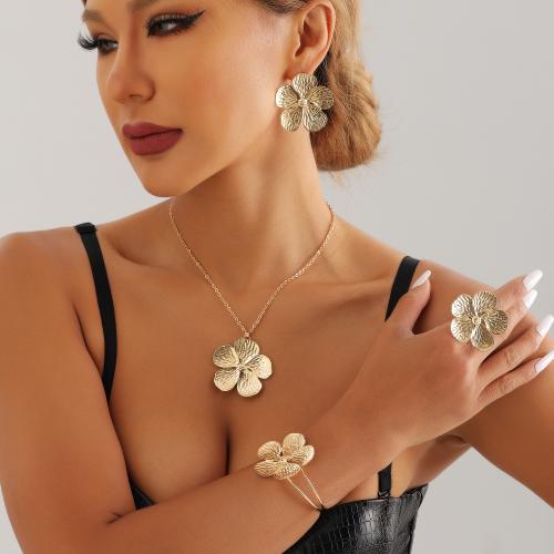 Fashion Zinc Alloy Jewelry Sets, bangle & finger ring & earring & necklace, Flower, gold color plated & for woman 