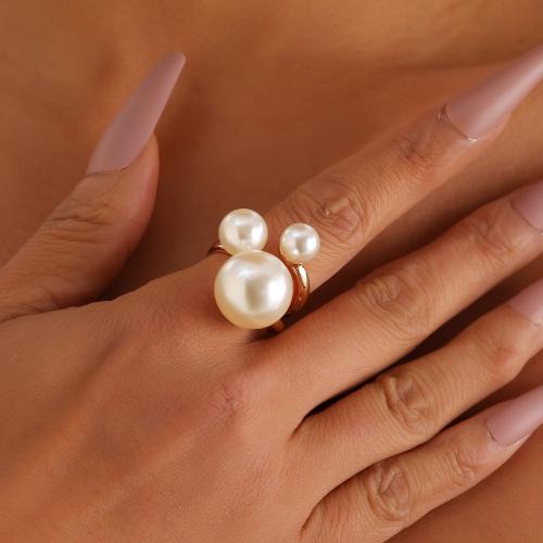 Bague en plastique perle en alliage de zinc, avec perle de plastique, Placage de couleur d'or, pour femme, blanc, Vendu par PC[
