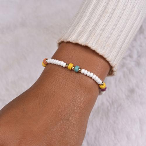 Glass Seed Beads Bracelets, Acrylic, with Seedbead & Wax Cord & Iron, plated, fashion jewelry, white 