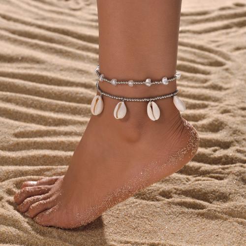 Fashion Jewelry Anklet, Iron, with Shell & Plastic Pearl, plated, silver color 