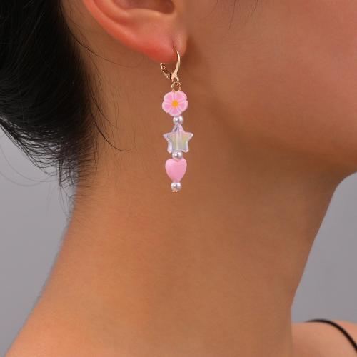 Iron Drop Earring, with Resin & Plastic Pearl, plated, fashion jewelry, pink, 52mm 