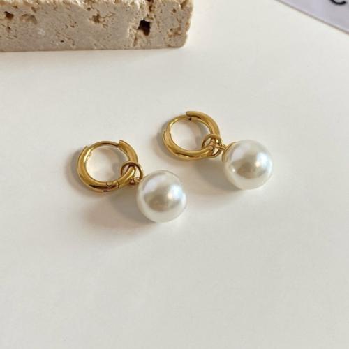 Titanium Steel Earrings, with Plastic Pearl, plated & for woman, golden 