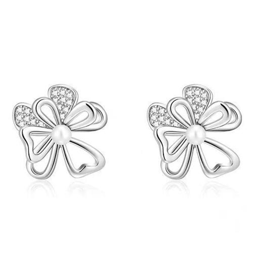 Cubic Zirconia Micro Pave Brass Earring, with Plastic Pearl, petals, plated, micro pave cubic zirconia & for woman 