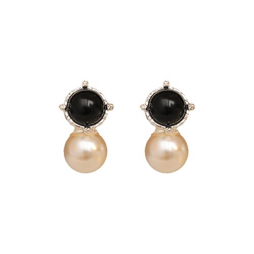 Brass Stud Earring, with Tiger Eye & Black Agate & Plastic Pearl, fashion jewelry & for woman 