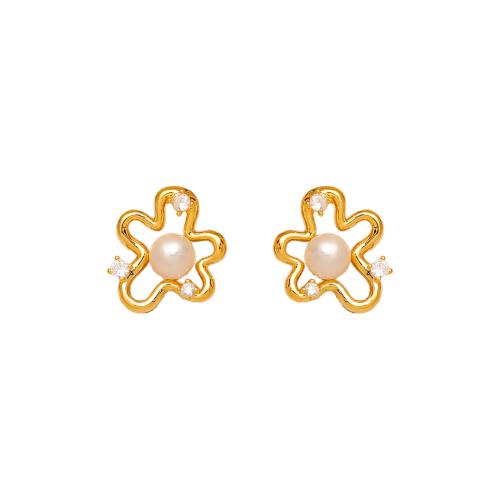 Cubic Zirconia Micro Pave Brass Earring, with Freshwater Pearl, 18K gold plated, fashion jewelry & micro pave cubic zirconia & for woman & hollow, golden 