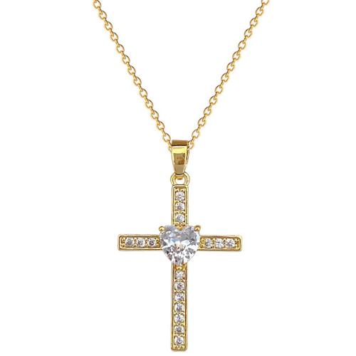 Cubic Zirconia Stainless Steel Necklace, 304 Stainless Steel Chain, with Brass, with 5cm extender chain, Cross, gold color plated, fashion jewelry & micro pave cubic zirconia & for woman cm 