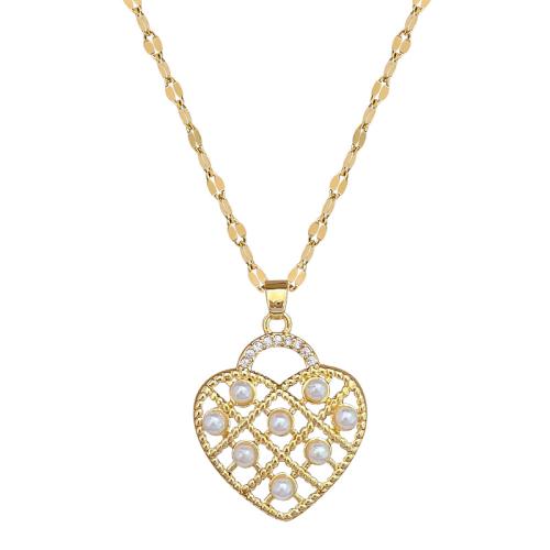 Cubic Zirconia Stainless Steel Necklace, 304 Stainless Steel Chain, with Plastic Pearl & Brass, with 5cm extender chain, Heart, gold color plated, fashion jewelry & micro pave cubic zirconia & for woman cm 
