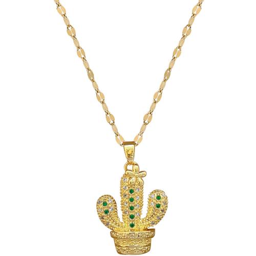 Cubic Zirconia Stainless Steel Necklace, 304 Stainless Steel Chain, with Brass, with 5cm extender chain, Opuntia Stricta, gold color plated, fashion jewelry & micro pave cubic zirconia & for woman cm 