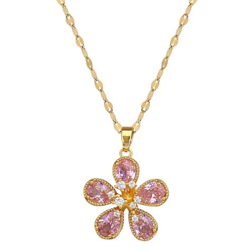 Cubic Zirconia Stainless Steel Necklace, 304 Stainless Steel Chain, with Brass, with 5cm extender chain, Flower, gold color plated, fashion jewelry & micro pave cubic zirconia & for woman cm 
