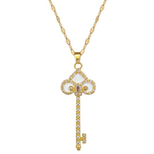 Cubic Zirconia Stainless Steel Necklace, 304 Stainless Steel Chain, with Brass, with 5cm extender chain, Key, gold color plated, fashion jewelry & micro pave cubic zirconia & for woman cm 