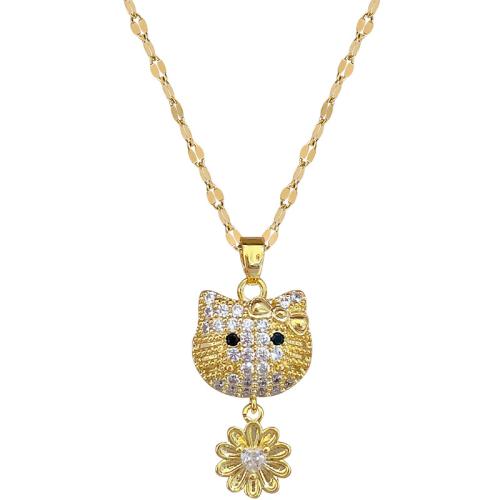 Cubic Zirconia Stainless Steel Necklace, 304 Stainless Steel Chain, with Brass, with 5cm extender chain, Cat, gold color plated, fashion jewelry & micro pave cubic zirconia & for woman cm 