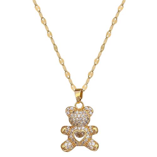 Cubic Zirconia Stainless Steel Necklace, 304 Stainless Steel Chain, with Brass, with 5cm extender chain, Bear, gold color plated, fashion jewelry & micro pave cubic zirconia & for woman cm 