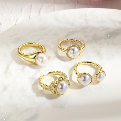 Brass Finger Ring, with Cubic Zirconia & Plastic Pearl, plated & for woman 