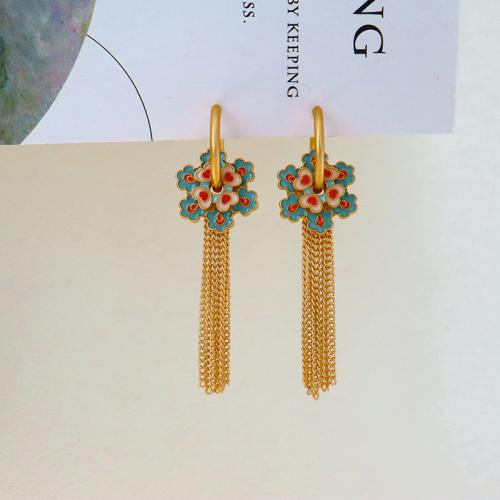 Fashion Fringe Earrings, Brass, Flower, gold color plated, for woman & enamel, mixed colors 