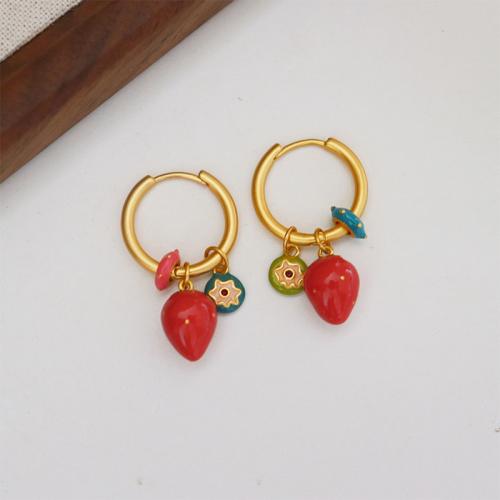 Brass Drop Earring, Strawberry, gold color plated, for woman & enamel, red 