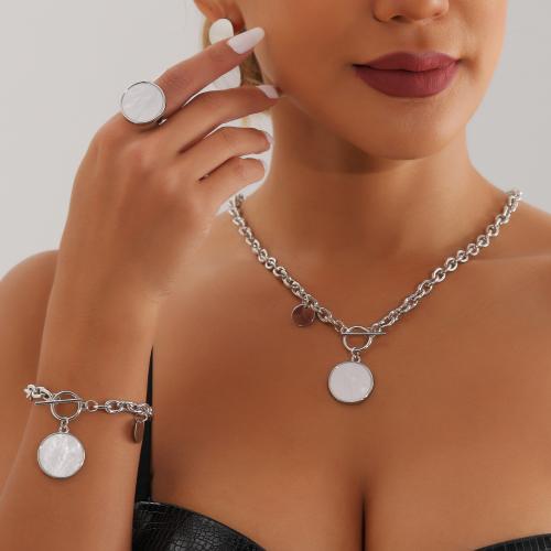 Fashion Zinc Alloy Jewelry Sets, finger ring & bracelet & earring & necklace, with White Shell, Round, silver color plated & for woman 