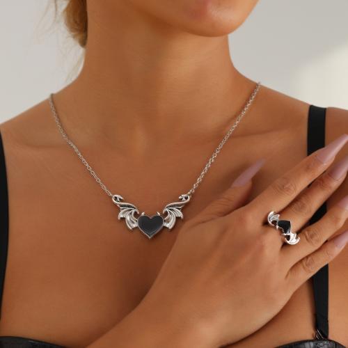 Enamel Zinc Alloy Jewelry Sets, finger ring & necklace, Heart, silver color plated & for woman 