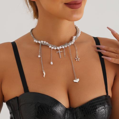 Plastik-Perlenkette, Zinklegierung, mit Kunststoff Perlen, silberfarben plattiert, verschiedene Stile für Wahl & für Frau, keine, verkauft von PC
