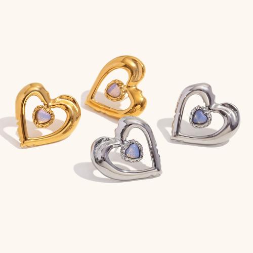 Stainless Steel Stud Earring, 304 Stainless Steel, with Natural Stone, Heart, Vacuum Ion Plating, fashion jewelry & for woman 