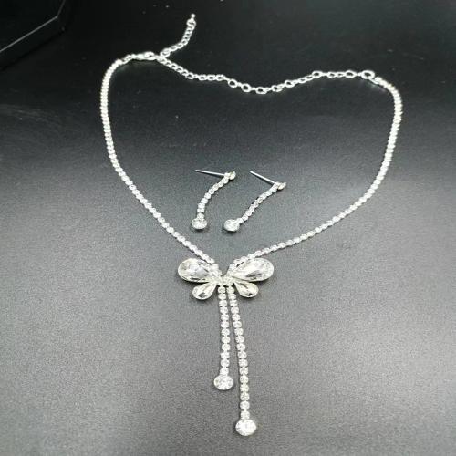 Brass Jewelry Set, earring & necklace, with Rhinestone, with 15cm extender chain, silver color plated, 2 pieces & fashion jewelry & for woman, earring 35*4mm Approx 29 cm 