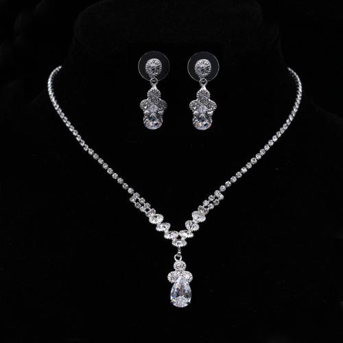 Brass Jewelry Set, earring & necklace, with Rhinestone, with 15cm extender chain, silver color plated, 2 pieces & fashion jewelry & for woman, earring 25*5mm Approx 30 cm 