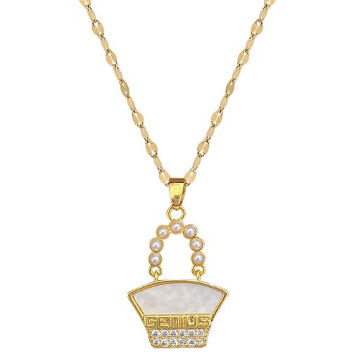 Cubic Zirconia Stainless Steel Necklace, 304 Stainless Steel Chain, with Plastic Pearl & Brass & Acrylic, with 5cm extender chain, Handbag, gold color plated, fashion jewelry & micro pave cubic zirconia & for woman cm 