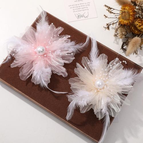 DIY Hair Flowers, Organza, with Feather & Plastic Pearl 135mm 