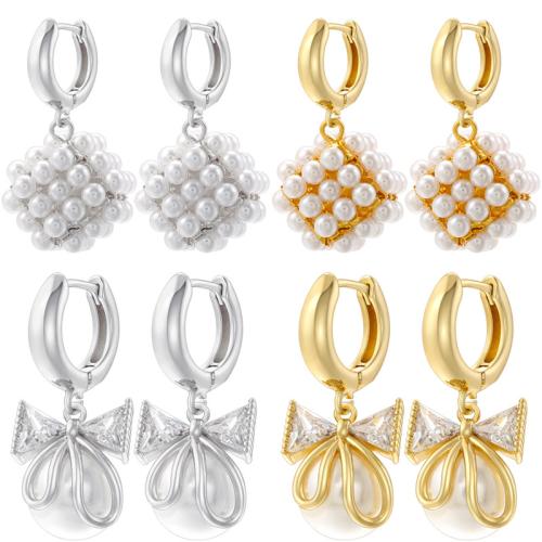 Brass Drop Earring, with Plastic Pearl, plated & micro pave cubic zirconia & for woman [