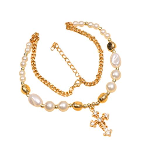 Plastic Pearl Necklace, Zinc Alloy, with Plastic Pearl, plated, micro pave cubic zirconia & for woman cm 