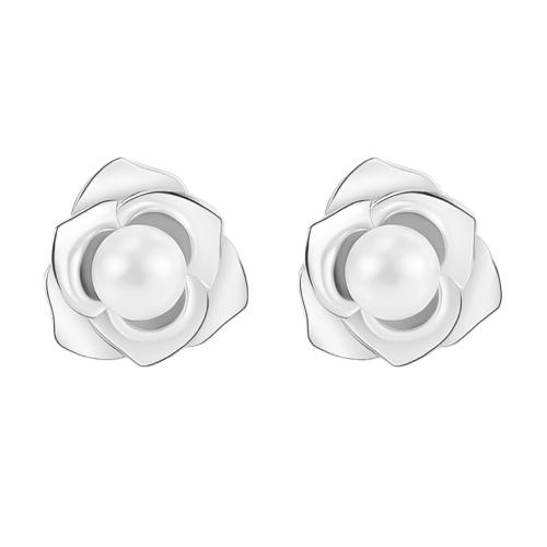 Sterling Silver Stud Earring, 925 Sterling Silver, with Shell Pearl, Common Camelia, fashion jewelry & for woman 
