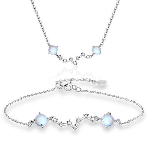 Cubic Zirconia Micro Pave Sterling Sliver Jewelry Sets, 925 Sterling Silver, bracelet & necklace, with Moonstone, with 5cm,3cm extender chain, fashion jewelry & micro pave cubic zirconia & for woman Approx 40 cm, Approx 17 cm 