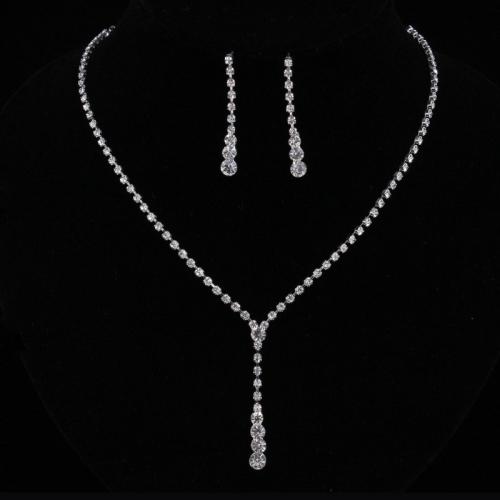 Rhinestone Zinc Alloy Jewelry Set, earring & necklace, with Rhinestone, with 5cm extender chain, silver color plated, 2 pieces & fashion jewelry & for woman Approx 45 cm 