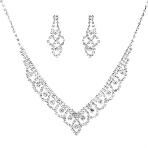 Conjunto de joyería de diamantes de imitación de la aleación de Zinc, pendiente & collar, con diamantes de imitación, con 10cm extender cadena, chapado en color de plata, 2 piezas & para mujer, earring 36*13mm, longitud:aproximado 45 cm, Vendido por Set