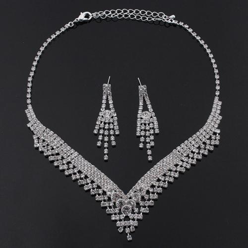 Conjunto de joyería de diamantes de imitación de la aleación de Zinc, pendiente & collar, con diamantes de imitación, con 5cm extender cadena, chapado en color de plata, 2 piezas & para mujer, earring 48*10mm, longitud:aproximado 45 cm, Vendido por Set
