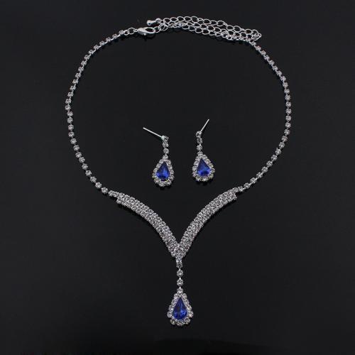 Rhinestone Zinc Alloy Jewelry Set, earring & necklace, with Rhinestone, with 5cm extender chain, silver color plated, 2 pieces & fashion jewelry & for woman earring 25*8mm Approx 45 cm 