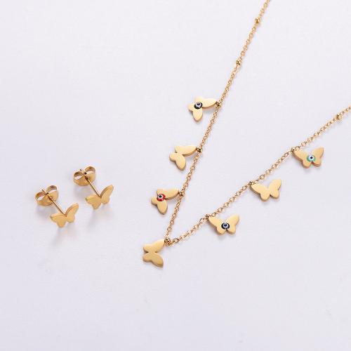 Fashion Stainless Steel Jewelry Sets, 316L Stainless Steel, Stud Earring & necklace, with 5cm extender chain, Butterfly, 18K gold plated, 2 pieces & fashion jewelry & for woman, golden Approx 40 cm 