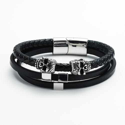 PU Leather Cord Bracelets, with 304 Stainless Steel, fashion jewelry & for man, black, 22mm, Inner Approx 65mm 
