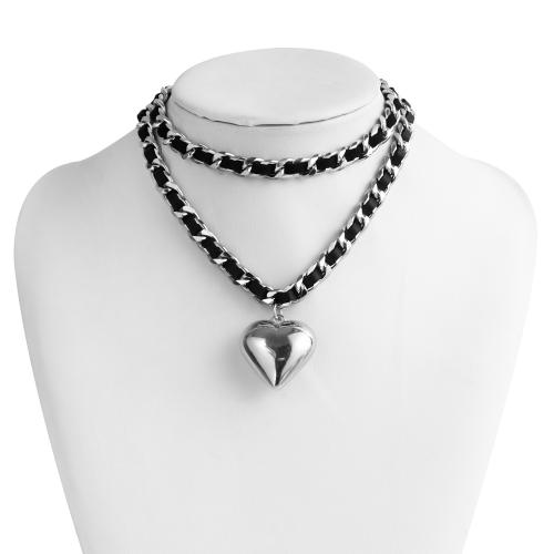 Zinc Alloy Necklace, with Velveteen, Heart, silver color plated, for woman, black 
