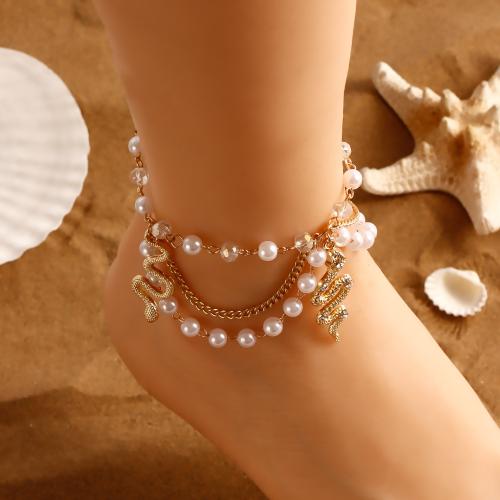 Anklet en alliage de zinc, avec perle de plastique, serpent, Placage de couleur d'or, multicouche & pour femme, blanc, Vendu par PC