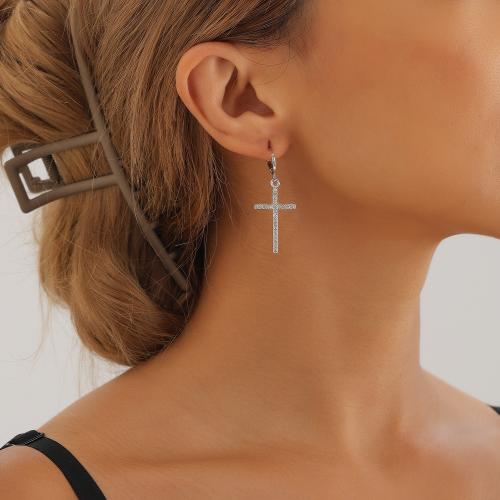 Huggie Hoop Drop Earring, Zinc Alloy, Cross, silver color plated, for woman & with rhinestone 
