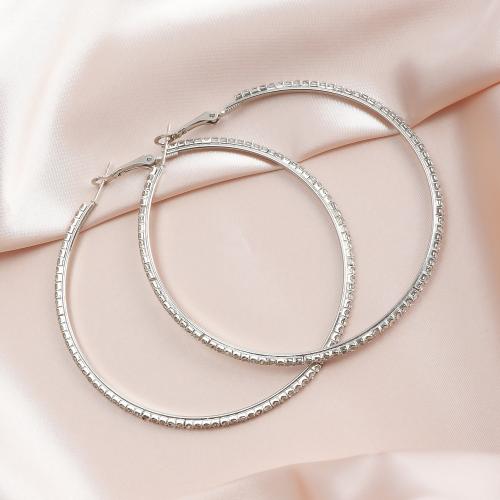 Zinc Alloy Rhinestone Hoop Earring, Round, silver color plated, for woman & with rhinestone 