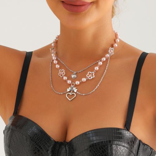 Collar de perlas de plástico, aleación de zinc, con Perlas plásticas, Corazón, chapado en color de plata, para mujer & hueco, Rosado, Vendido por UD
