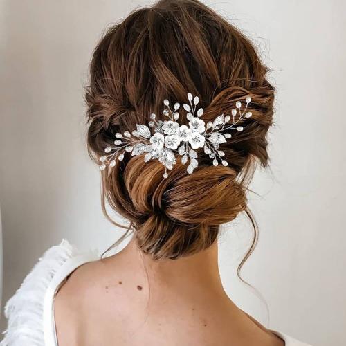 Dekoratives Haarkämmchen, Messing, mit Polymer Ton & Glas & Kunststoff Perlen, silberfarben plattiert, für Braut, weiß, verkauft von PC