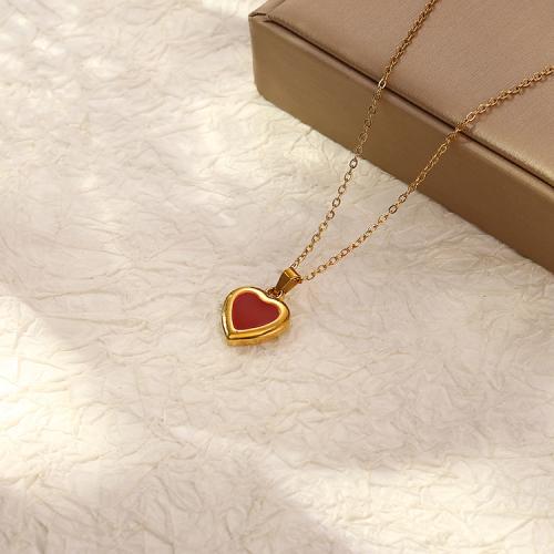 Stainless Steel Jewelry Necklace, 304 Stainless Steel, Heart, gold color plated, for woman & enamel, red 