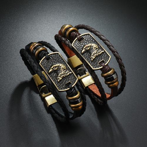 PU Leather Cord Bracelets, Zinc Alloy, with PU Leather & Wax Cord & Hematite & Copper Coated Plastic, handmade, fashion jewelry & multilayer & for man cm Approx 21 cm 