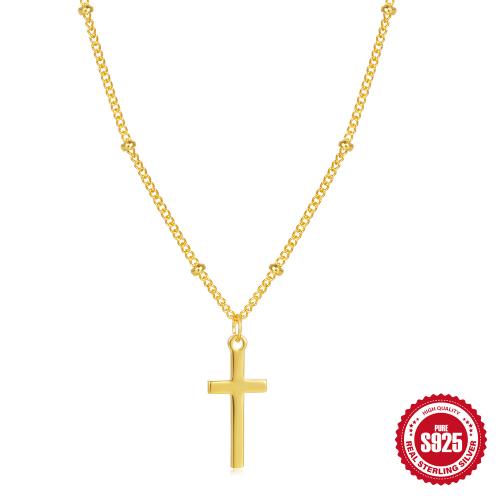 Sterling Silver Jewelry Necklace, 925 Sterling Silver, Cross, for woman, golden 