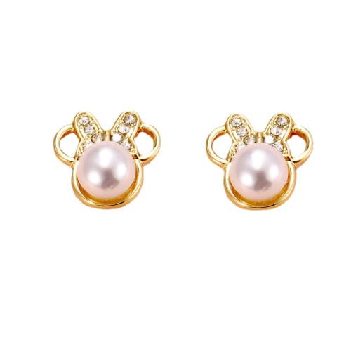 Zinc Alloy Rhinestone Stud Earring, with Plastic Pearl, plated, for woman & with rhinestone, golden 