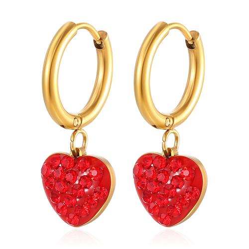 Huggie Hoop Drop Earring, 304 Stainless Steel, Heart, gold color plated, for woman & with rhinestone 